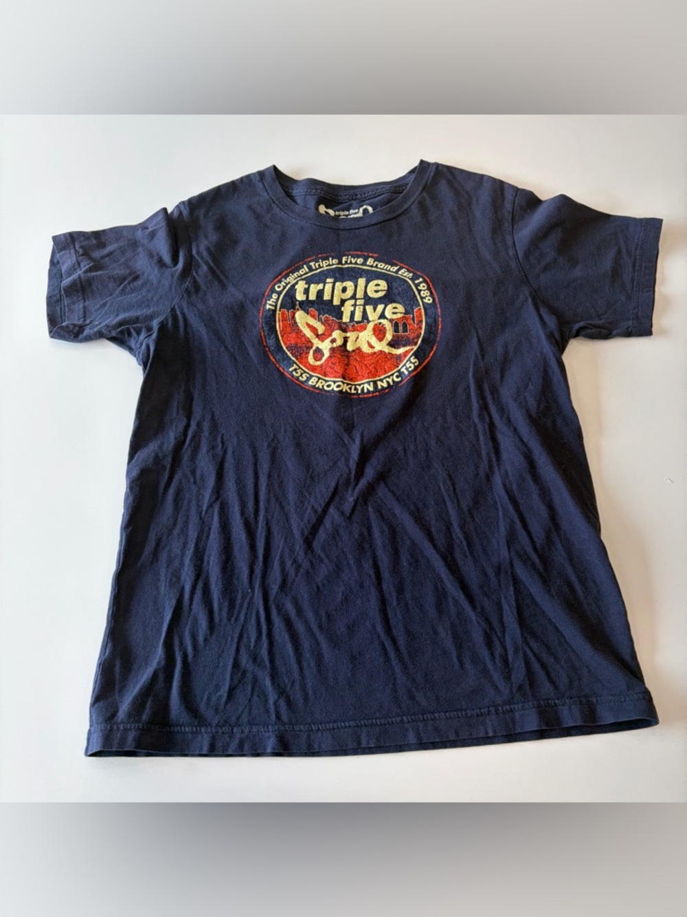 Vintage 90s Size Small Triple Five Soul Boys Navy Graphic Tee